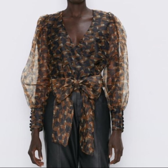 ZARA brown black printed organza blouse BISHOP SLEEVES bow NWT - Picture 2 of 7